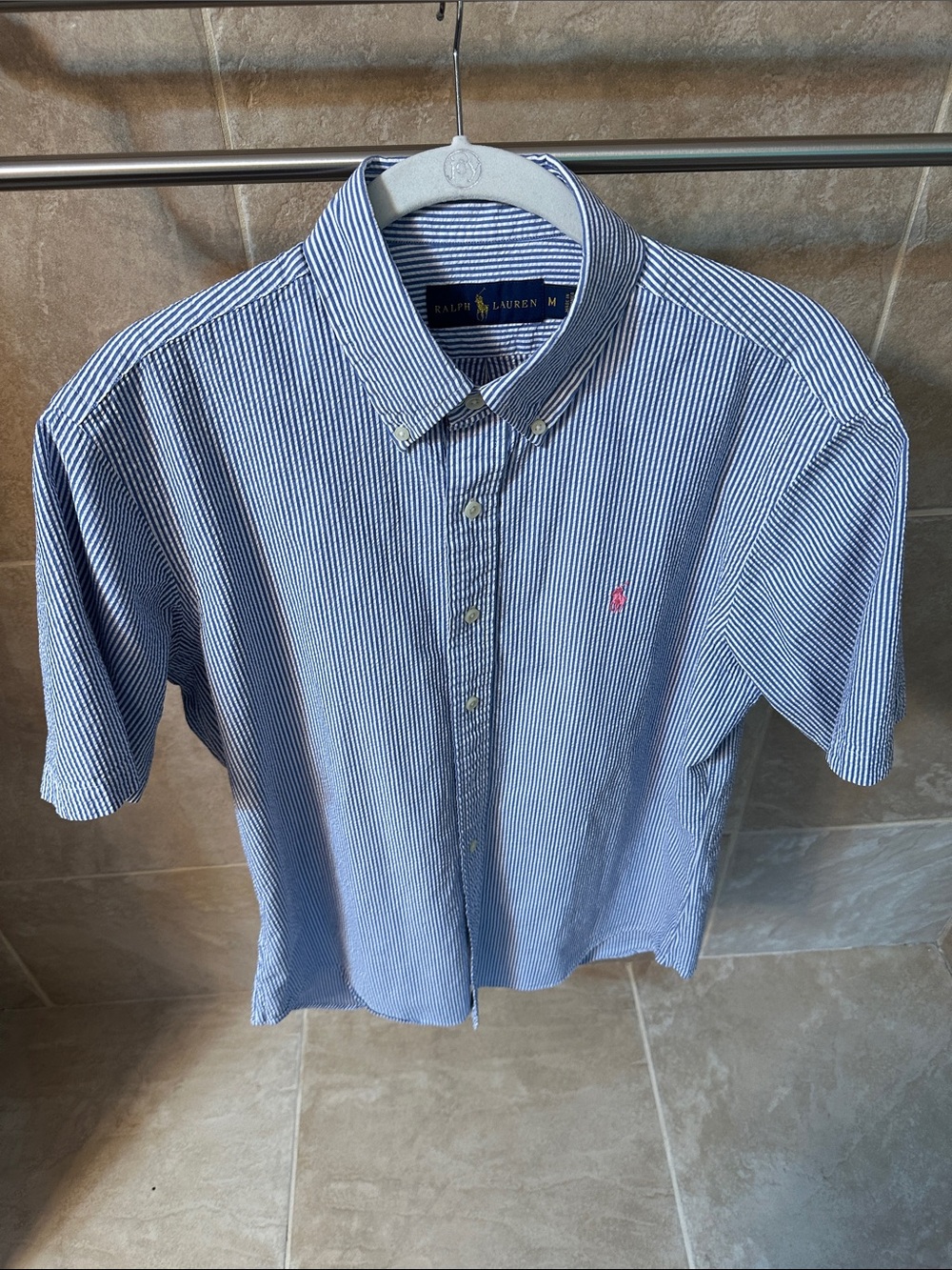 Ralph Lauren Blue and White Micro-Stripe Button-Down Short Sleeve Shirt Size M